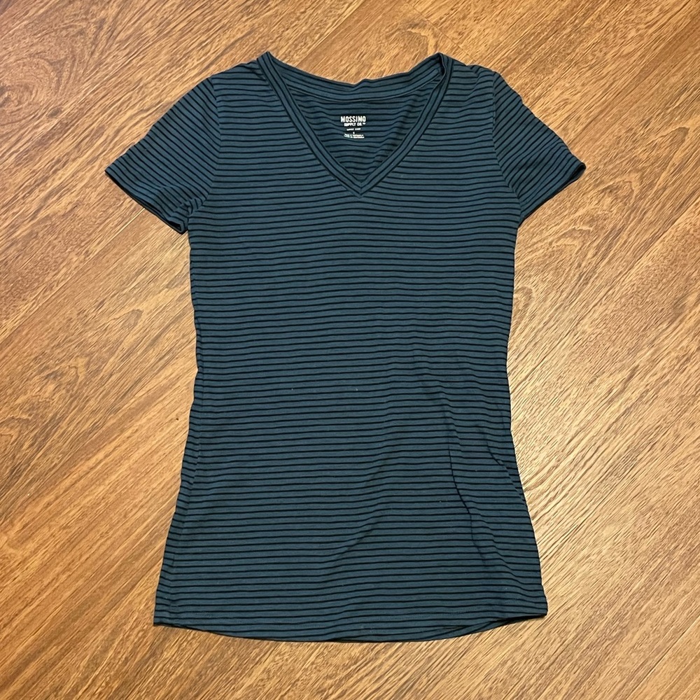3/$12! Blue V-Neck with Thin Black Stripes | Small | Mossimo Supply Co.